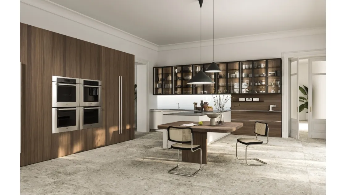 Cucina Design con penisola Opera 01 in legno e laccato di Snaidero