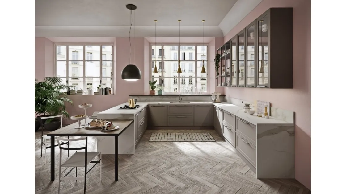 Cucina Moderna angolare con penisola in laccato opaco e HPL effetto marmo Vintage 01 di Ar-Tre