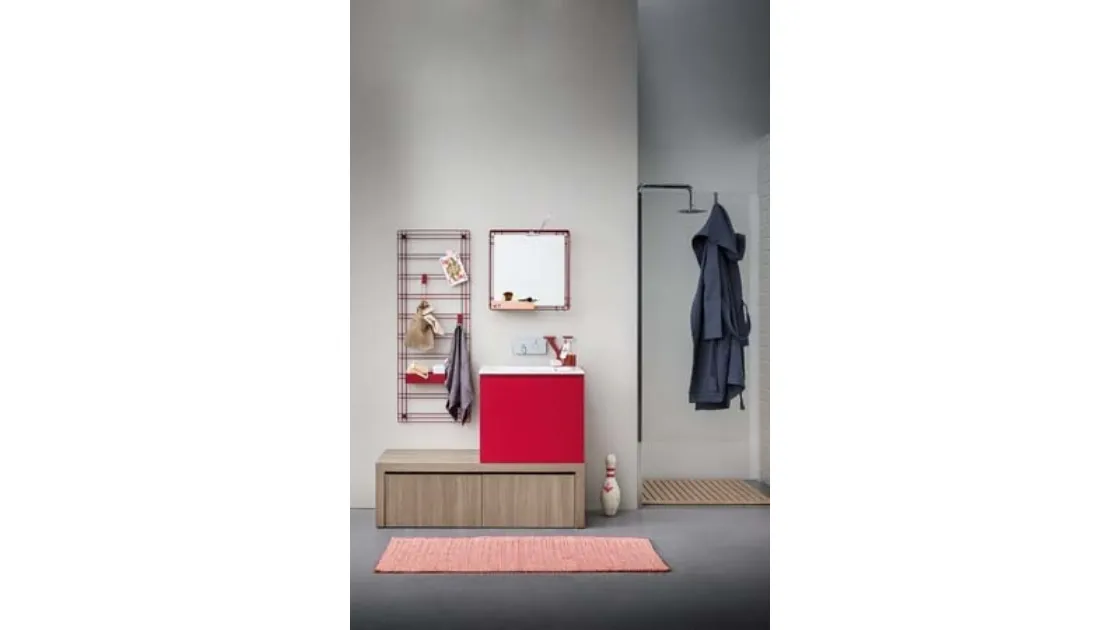 Mobile Bagno da appoggio in melaminico e laccato rosso con top in mineral marmo Acqua e Sapone 04 di Birex