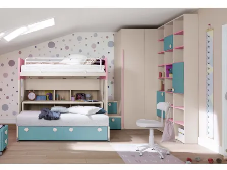 Cameretta in melaminico e laccato azzurro e rosa Alpha Letto a Castello B030 di Doimo Cityline