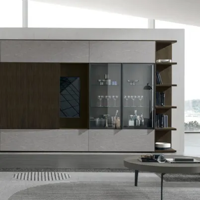 Parete Attrezzata Atlante UNIT AT211 in materico rovere moka, legno rovere moka canettè e materico piasentina scuro di Tomasella