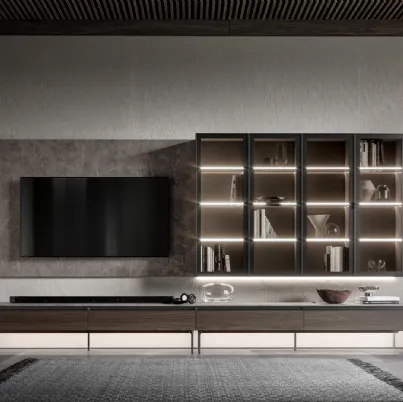 Parete Attrezzata GS301 in melaminico effetto marmo e legno con ante in vetro di SantaLucia