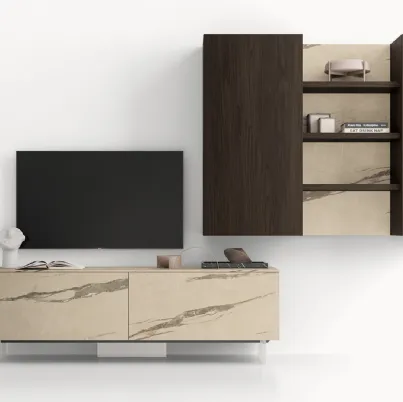 Parete Attrezzata GS302 in melaminico finiture effetto marmo e legno di SantaLucia