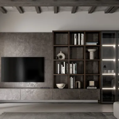 Parete Attrezzata GS308 in melaminico effetto marmo grafite con ante in vetro di SantaLucia