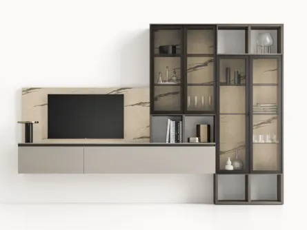 Parete Attrezzata GS309 in laccato opaco con boiserie effetto marmo e ante in vetro di SantaLucia