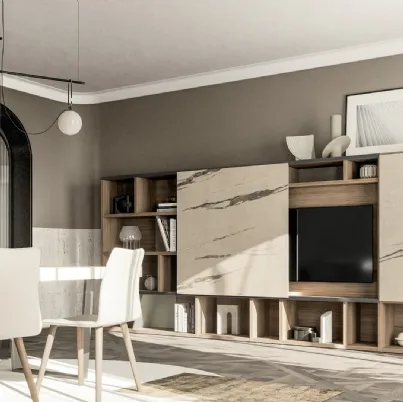 Parete Attrezzata GS310 in finitura matwood coffee e effetto marmo statuario di SantaLucia