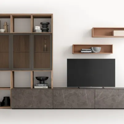 Parete Attrezzata GS313 in melaminico finitura effetto marmo e legno di SantaLucia
