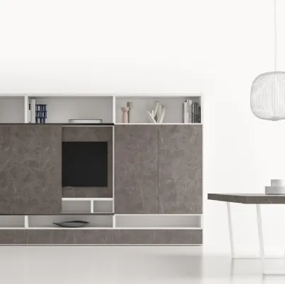 Parete Attrezzata GS314 in melaminico effetto marmo grafite e laccato bianco opaco di SantaLucia