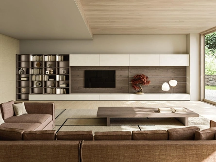 Parete Attrezzata Modula Composizione 02 in ceramica bianco calce e impiallacciato rovere di Snaidero