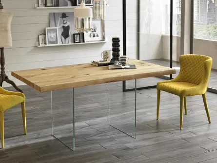 Tavolo allungabile con top in legno di pioppo e gambe in vetro temprato extratrasparente Snooker di Stones