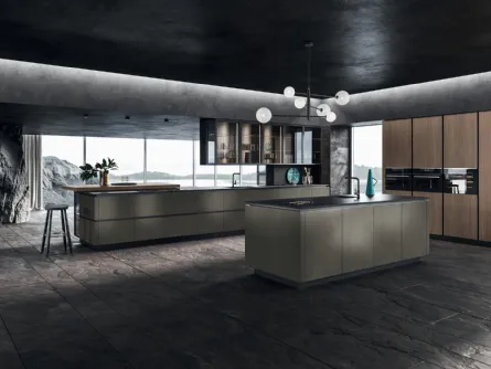 Cucina Design con isola Look in Alluminio verniciato e Olmo Visone di Snaidero