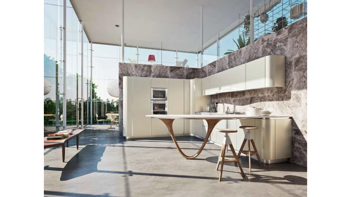 Cucina Design in laccato con penisola caratterizzata da una innovativa gamba curva Ola di Snaidero