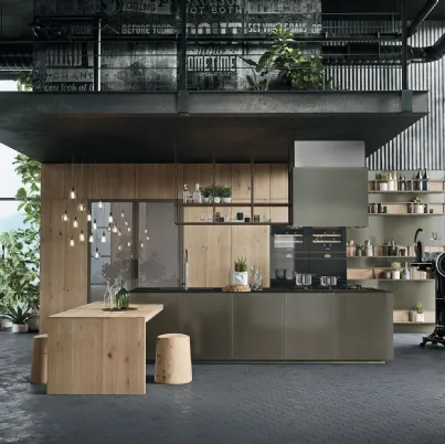 Cucina Design con penisola Opera 02 in acciaio e materico rovere di Snaidero