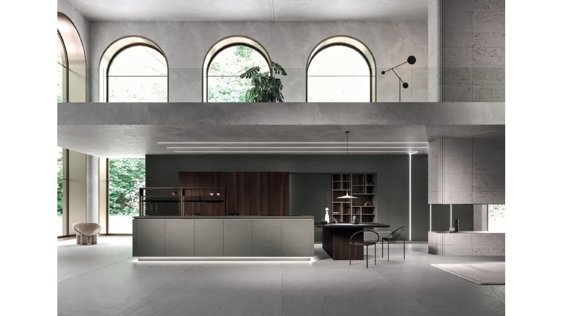 Cucina Design lineare Way Materia 01 in gres porcellanato effetto calce tortora di Snaidero
