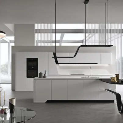 Cucina Design con isola dalla geometria perfetta in laccato opaco bianco Vision 01 di Snaidero