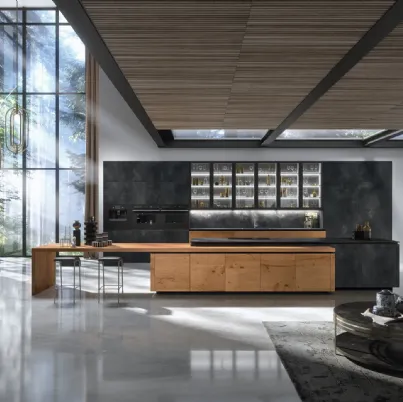 Cucina Design con isola Way Materia 02 in gres porcellanato e materico rovere di Snaidero