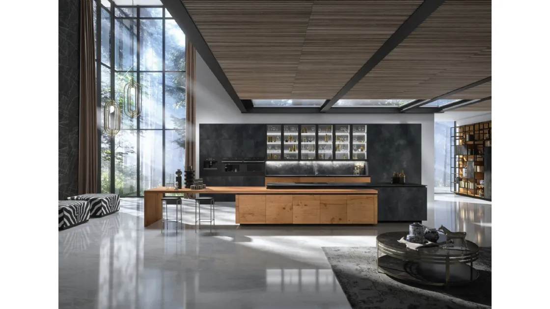 Cucina Design con isola Way Materia 02 in gres porcellanato e materico rovere di Snaidero
