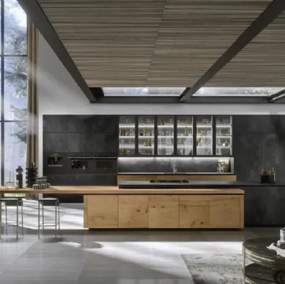 Cucina Design con isola Way Materia in gres Ossido Nero e Rovere di Snaidero