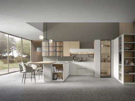 Cucina Moderna angolare con penisola in rovere naturale e finitura bianca Eclettica 02 di Scandola