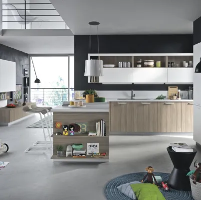 Cucina Moderna con penisola Fun in materico rovere e laccato bianco di Snaidero