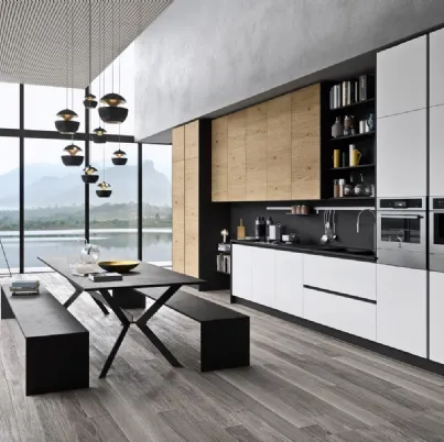 Cucina Moderna lineare in laccato bianco opaco e legno I Naturali di Ar-Tre