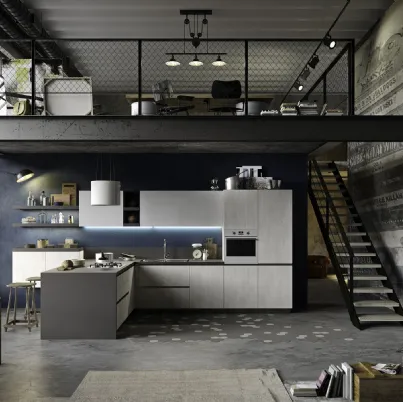 Cucina Moderna con penisola Joy 02 in materico rovere bianco gessato e grigio di Snaidero