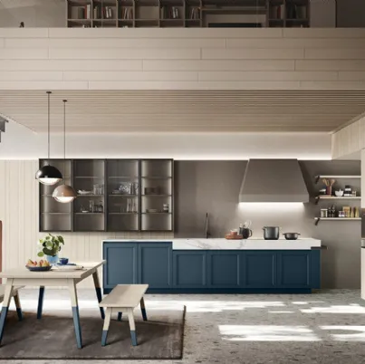 Cucina Moderna in legno finitura Denim con top in HPL Calacatta Maestrale M06 di Scandola