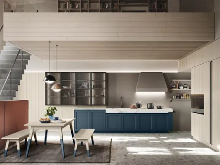 Cucina Moderna in legno finitura Denim con top in HPL Calacatta Maestrale M06 di Scandola