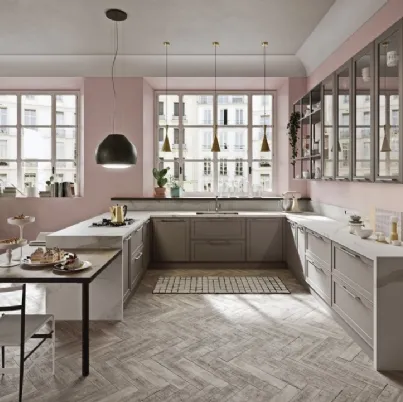 Cucina Moderna angolare con penisola in laccato opaco e HPL effetto marmo Vintage di Ar-Tre